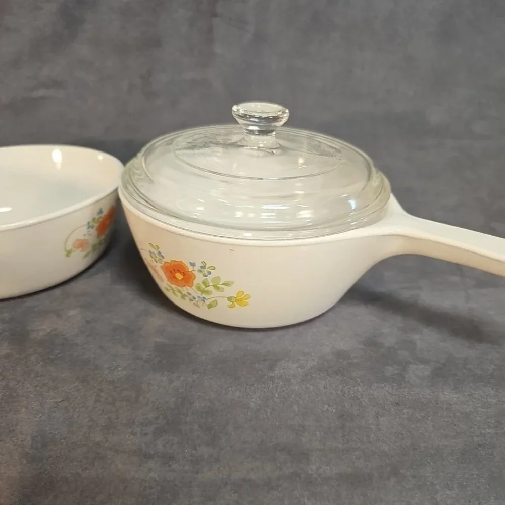 Vtg CORNINGWARE Wildflower P-82-B 1.5P SAUCE PAN & P-81-B 1P Sauce-skillet/1-Lid